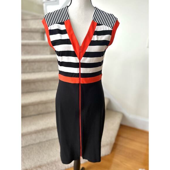 Joseph Ribkoff Black Orange & White Stripe Zipper Front Sheath Dress - Picture 1 of 7